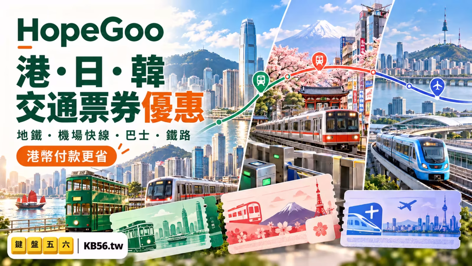HopeGoo 港日韓交通票券優惠，包含香港電車、日本地鐵與韓國機場快線