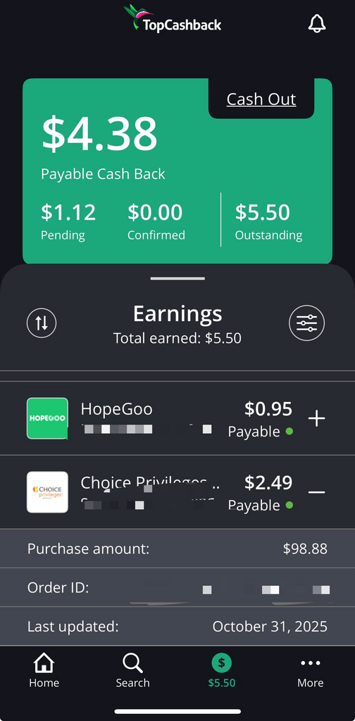 TopCashback 帳戶 Earnings 截圖證明 Choice Privileges 返利