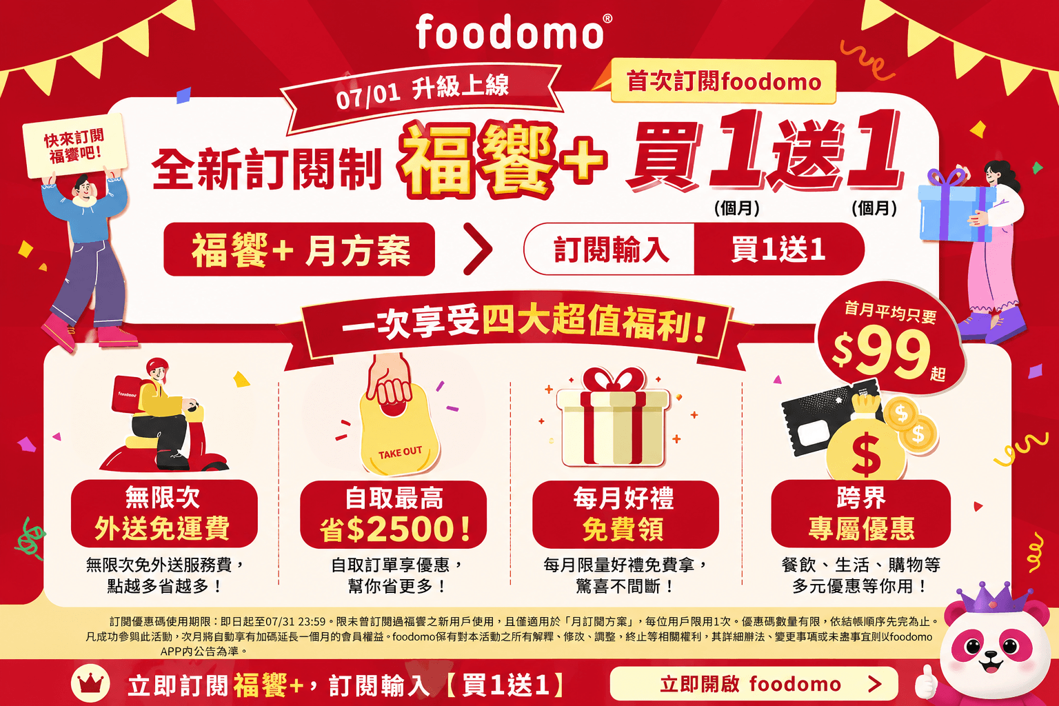 foodomo 福饗＋訂閱制買1送1優惠圖卡，首次訂閱月方案輸入買1送1，首月平均99元起，享外送免運、自取優惠與每月好禮