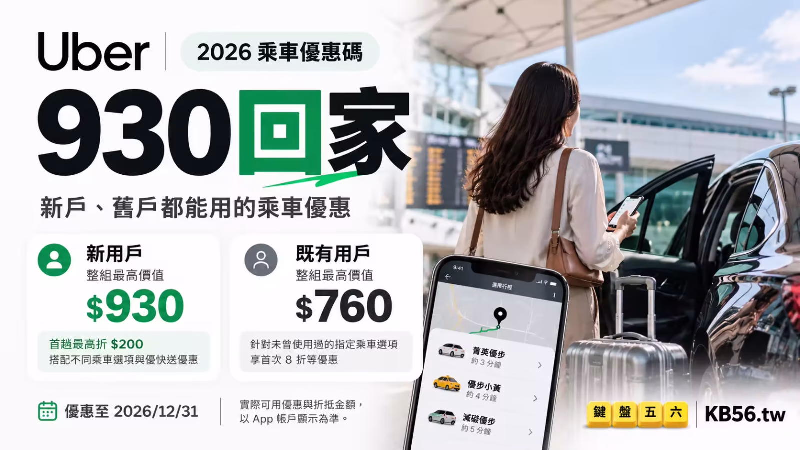 Uber 優惠碼 2026 主視覺，930回家新戶整組優惠最高價值 $930、既有用戶最高 $760，搭配機場接送情境